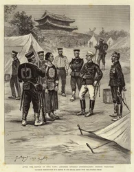 Después de la Batalla de Ping Yang, oficiales japoneses interrogando a prisioneros chinos